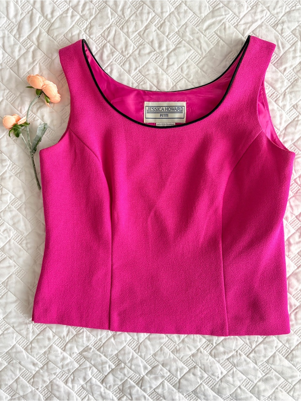 Jessica Howard Petite Barbie Pink Sleeveless Top Size 8P Black Trim Zip Side